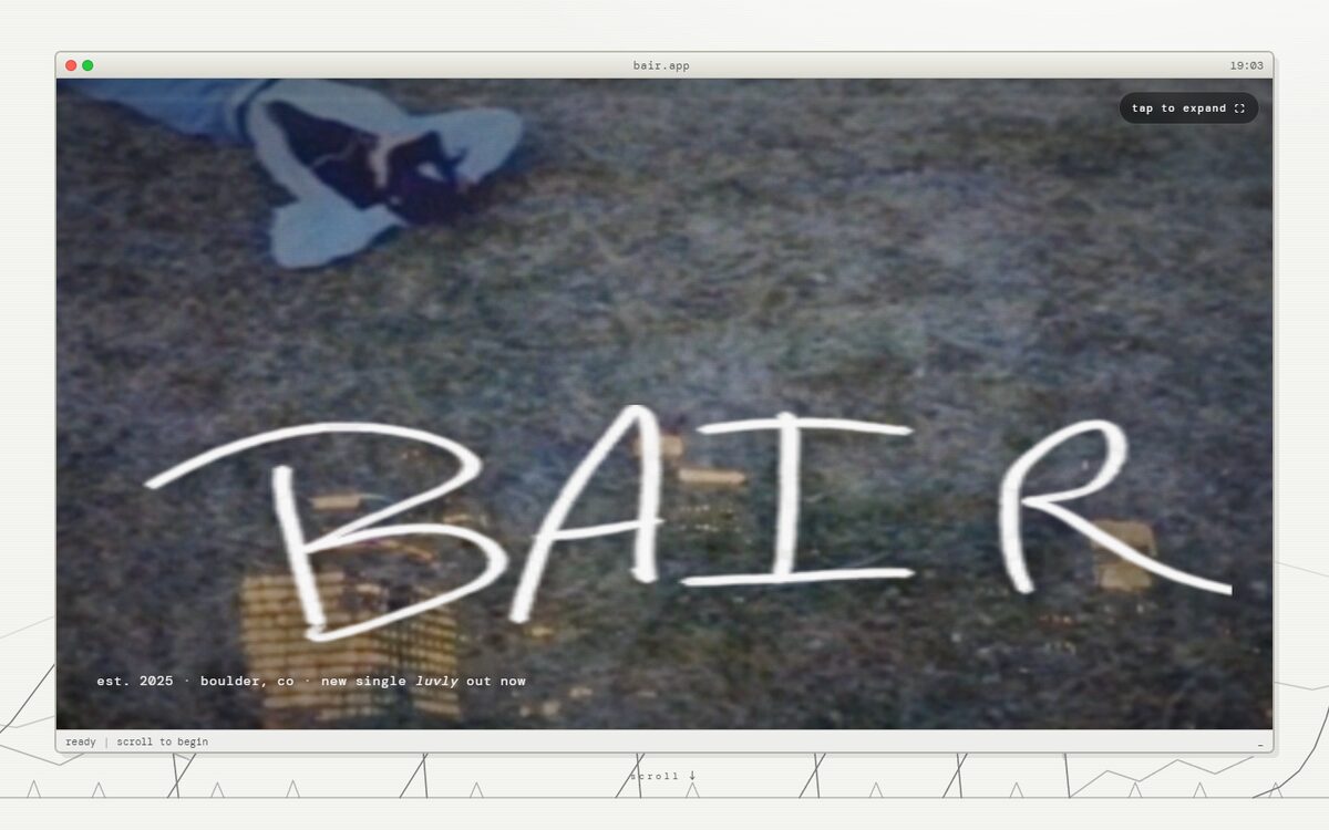 Live screenshot of bair.my, a minimalist artist portfolio site