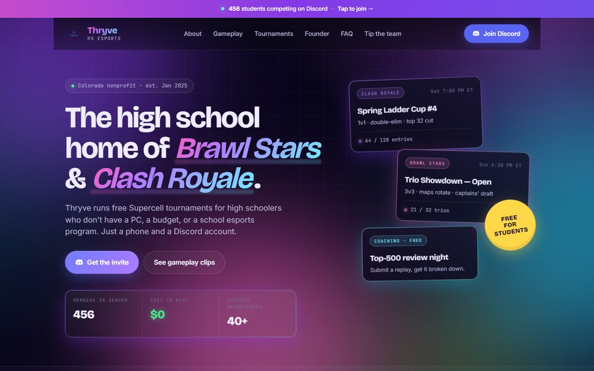 Live screenshot of thryvehsesports.com showing Brawl Stars and Clash Royale tournament hub