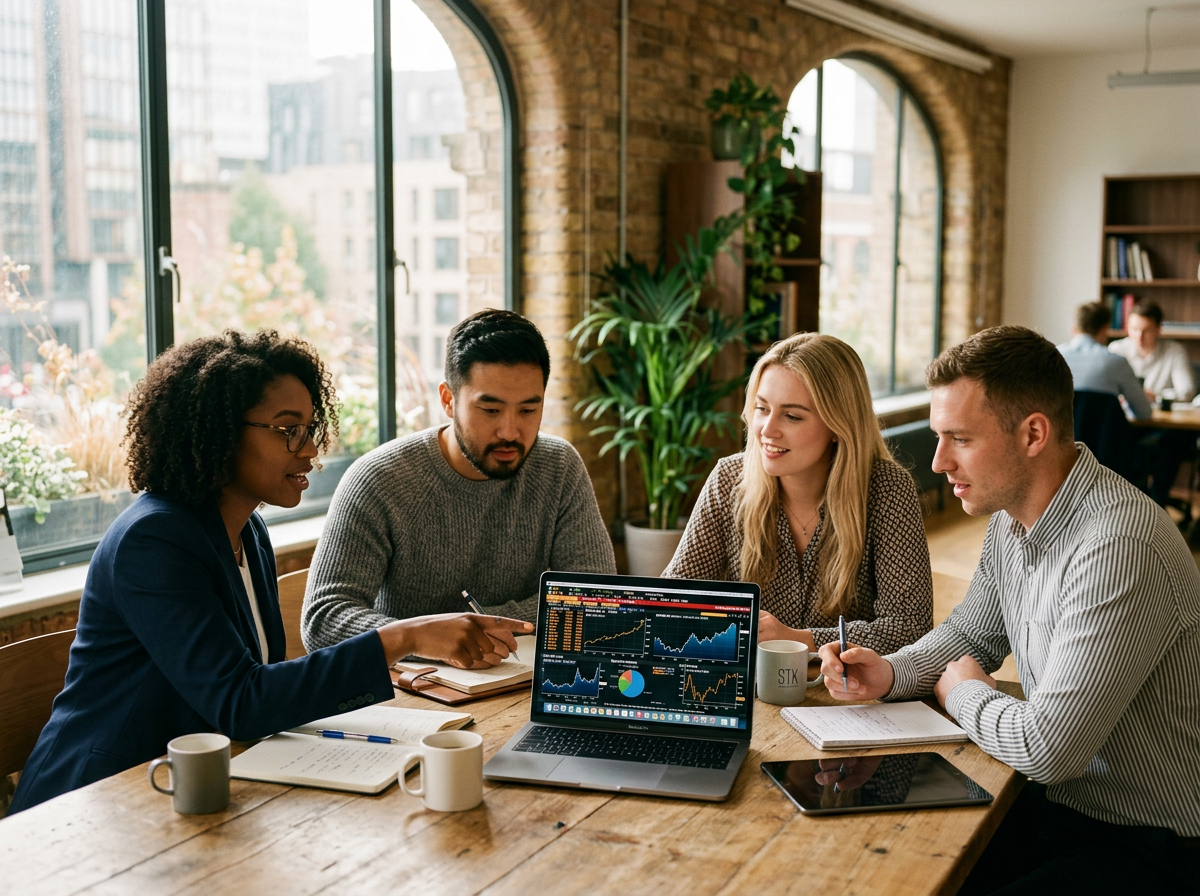 Diverse young finance professionals collaborating around a sunlit table reviewing market data